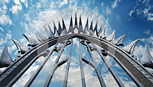 Wrought Iron Gate with Sharp Points on Blue Sky with Clouds - Generative Ai