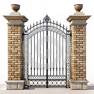 Wrought iron gate and stone pillar