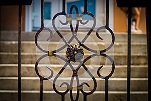 The wrought-iron gates, ornamental forging, forged elements close-up