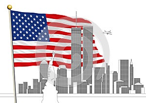 WTC, World Trade Center and the New York Skyline with IS flag