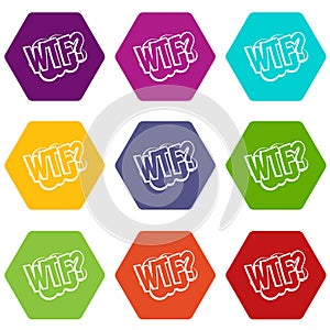 WTF, comic book bubble text icon set color hexahedron