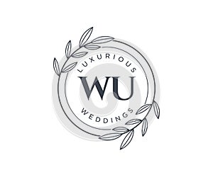 WU Initials letter Wedding monogram logos template, hand drawn modern minimalistic and floral templates for Invitation cards, Save