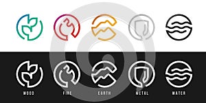 WU XING - China is Five Elements icon collection with fire earth metal water and wood , One line borble circle sign style vector