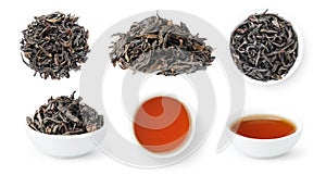 Wu Yi Rou Gui, Cinnamon Oolong, collection of loose leaves and bowls of brewed Chinese tea isolated on white