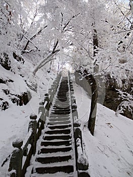 The ancient stairway after snow