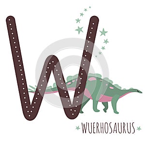 Wuerhosaurus.Letter V with reptile name.Hand drawn cute  dinosaur.Educational prehistoric illustration.Dino alphabet.