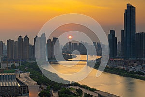 Wuhan city sunset skyline scenery in summer