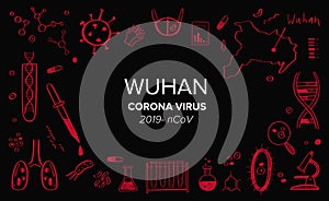 Wuhan Coronavirus 2019 vector hand drawn background, frame. Dangerous chinese ncov corona virus, different chemical