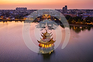 Wuliting pavilion at twilight. Kaohsiung`s famous tourist attractions in Taiwan