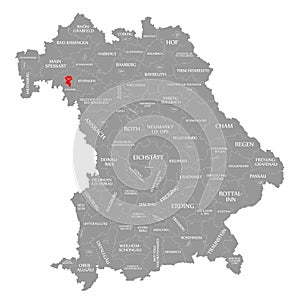 Wurzburg city red highlighted in map of Bavaria Germany