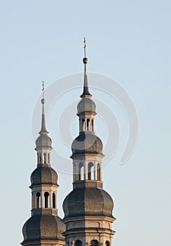 Wurzburg cityscape of stift haug chapel in sunset.