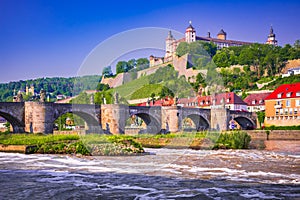 Wurzburg, Germany. Main River summer landscape, Bavaria. Marienberg Castle