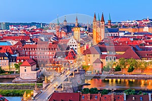 Wurzburg, Germany. Old Town skyline with the towers of St Kilian Cathedral.