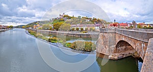 Wurzburg. Main river waterfront and scenic Wurzburg castle and vineyards view