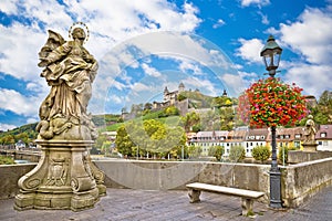 Wurzburg. Main river waterfront and scenic Wurzburg castle and vineyards view