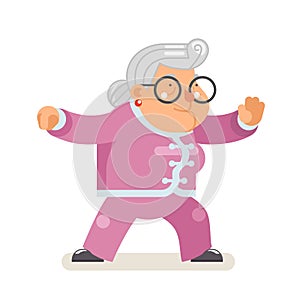 Wushu kungfu taichi fitness healthy activities granny adult old age woman character cartoon flat design vector photo
