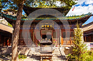 Wutaishan(Mount Wutai) scene. Mahavira Hall (Hall of Ceremony) of Guangzong temple.