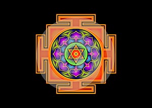 Bagalamukhi Yantra Mandala, colorful sacred Tibetan diagram the vital energy. Hinduism Bhuvaneshwari Yantra Prakriti, isolated photo