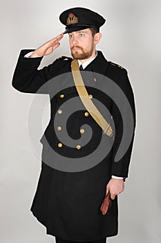 WW11 Royal Navy officer in greatcoat photo