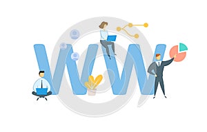 WW, World Wide. Concept with keyword, people and icons. Flat vector illustration. Isolated on white.