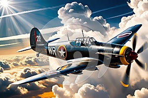 WW2 fighter plane piercing the clouds, propeller spinning rapidly, fuselage emblazoned with historic markings