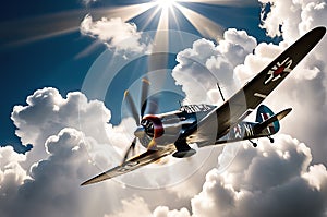 WW2 fighter plane piercing the clouds, propeller spinning rapidly, fuselage emblazoned with historic markings