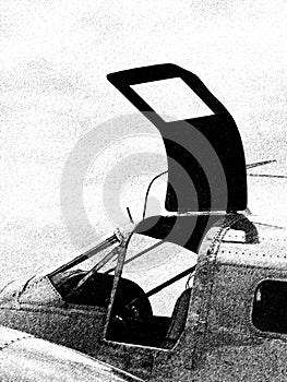 WW2 Navy airplane with open cockpit door BW illustration