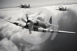 WWII airplane in flight. war, battle, clouds, vintage, retro, black and white. Aerial Reconnaissance, Airfields