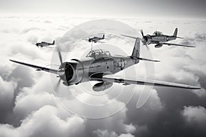 WWII airplane in flight. war, battle, clouds, vintage, retro, black and white. Iwo Jima, Midway Atoll. Luftwaffe photo