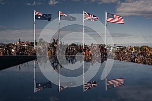 WWII coalition flags at the Submarinersâ€™ Walk Heritage Trail in Brisbane, Australia