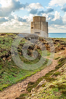 WWII concrete nazi naval tower on the seashore, Saint Quen, bailiwick of Jersey, Channel Islands