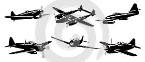 WWII Fighter Planes silhouettes collection isolited on white. Second part.