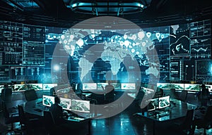 A WWIII cyber warfare operation room with hackers and strategists plotting digital attacks on global networks screens aglow with photo