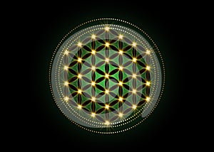 Flower of Life, Yantra Mandala, Sacred Geometry, glow Metatrons cube. Bright golden symbol of harmony and balance. Mystical gold photo