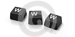 WWW on keyboard keys on white background, banner, view from above. 3d illustration