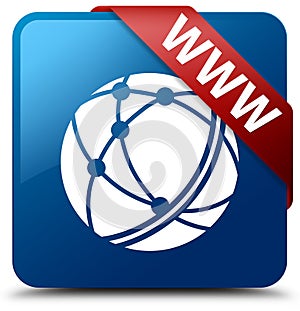 WWW (global network icon) blue square button red ribbon in corner