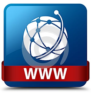 WWW (global network icon) blue square button red ribbon in middle