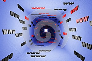 WWW symbols sign in blue tunnel background 3d render. Hypertext transfer protocol secure web 3