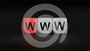WWW website url of three words on wooden cube block, minimal background concept for internet connection, magnifier.
