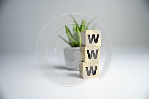 WWW word letter on wooden cubic with copy space. Internet website concept