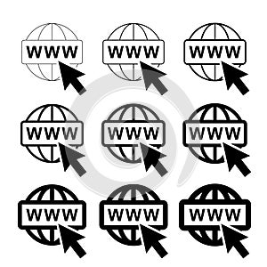 WWW world wide web set site symbol, Internet collection  icon, website address globe, flat outline sign