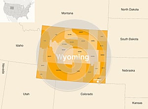 Wyoming state counties vector map with neighbouring states and terrotories
