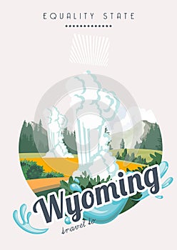 Wyoming vector american poster in retro style. Cheyenne. USA travel illustration. United States of America colorful greeting card. photo