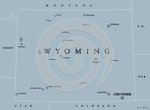 Wyoming, WY, gray political map, US state, Equality State