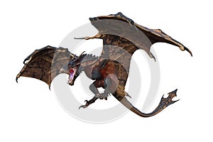 Wyvern or Dragon fantasy creature flying with mouth open to breath fire, 3D illustration isolated on white