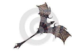 Wyvern or Dragon fantasy creature flying with wings spread, seen from above, 3D illustration isolated on white