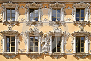 WÃÂ¼rzburg, Germany - Facade of public library with stucco decoration in Rococo architecture style in building