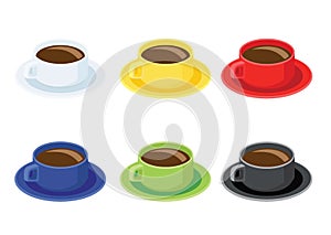 Coffee cup on saucer and many coffee cups multi color White yellow red blue green black