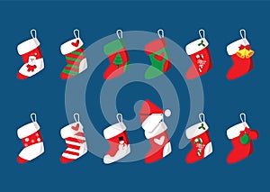 Sock christmas set decorations and design isolated on blue background illustration vector