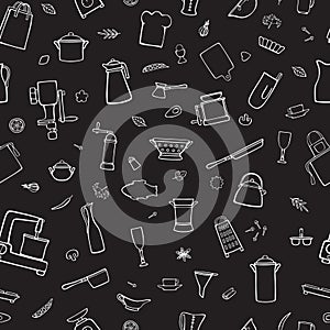 Kitchen utensils, cooking tools, spices. Cartoon white vector seamless pattern on a black background.